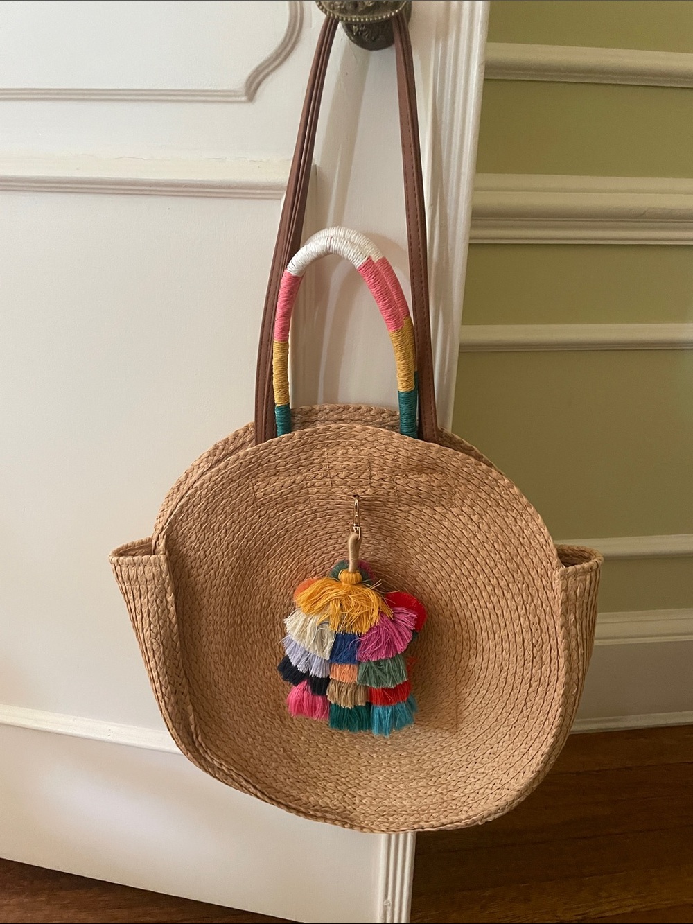 RAFFIA  round beach bag with  Multicolor Tassel , long leather strap,short strap